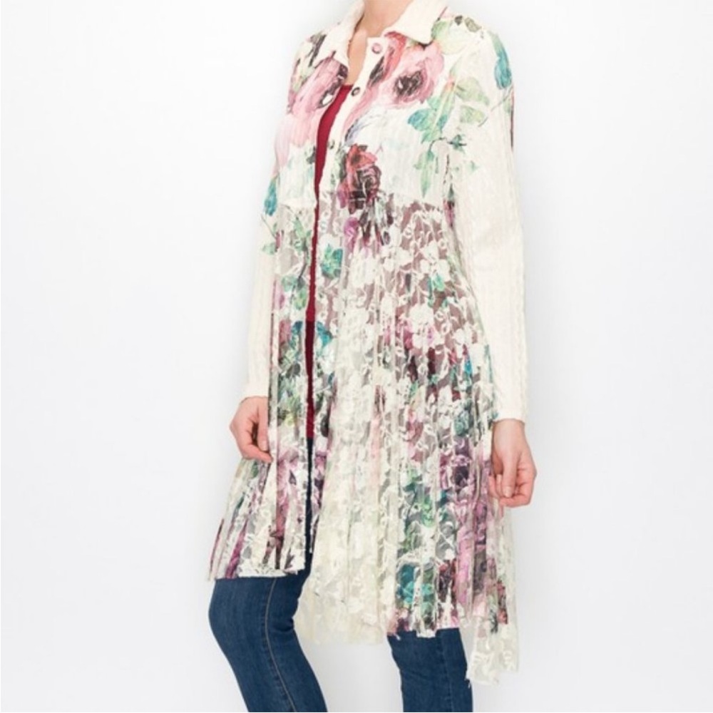ORIGAMI SWEATER CARDIGAN DUSTER floral big rose lace boho western Size 2 XL - Picture 2 of 9